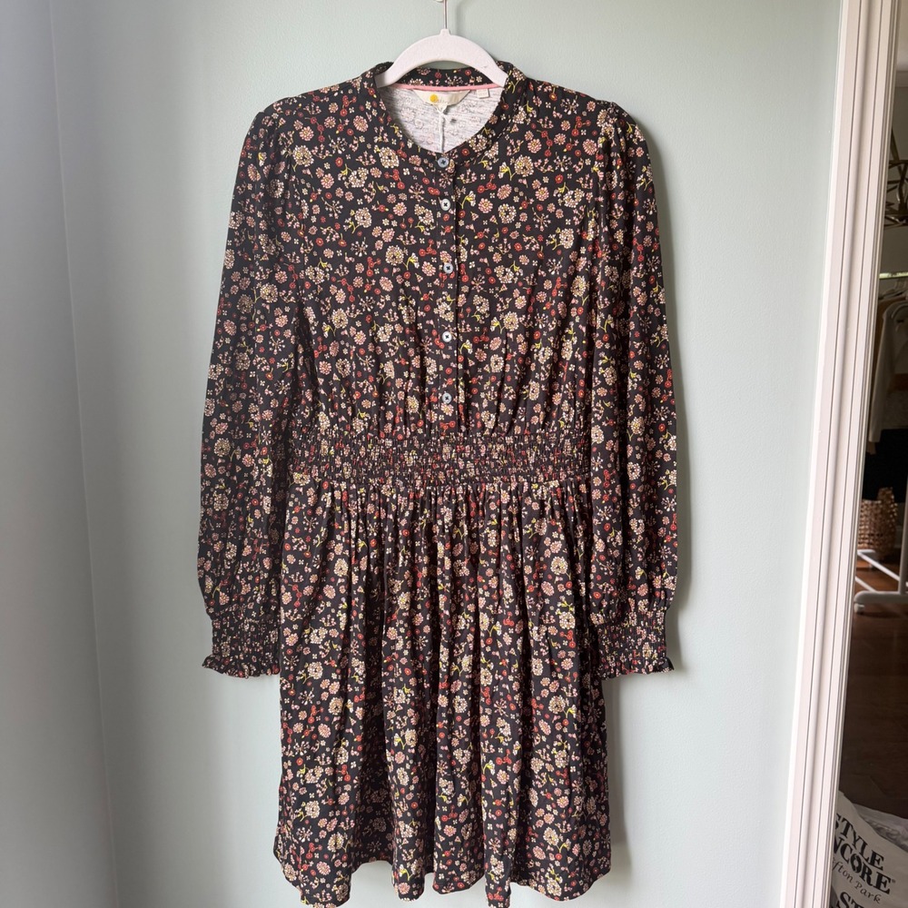 Boden Dress Floral Long Sleeve Smocked Waist Modal Cotton Black Pink Size 10 NWT